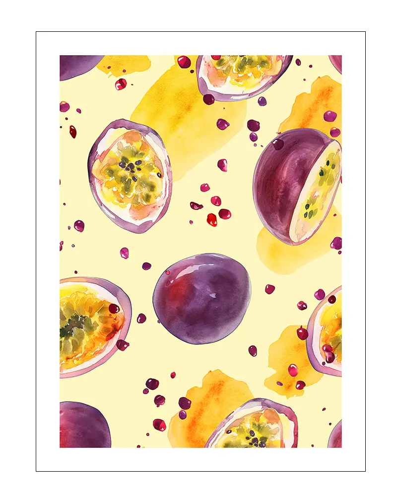 A vibrant illustration of passion fruits with splashes of yellow and purple, creating a lively and fresh design. Perfect wall art for a kitchen or dining space, adding a tropical touch to your decor