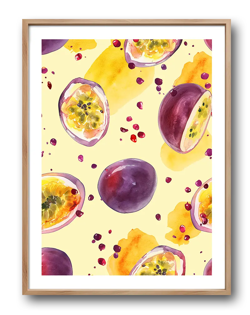 A vibrant illustration of passion fruits with splashes of yellow and purple, creating a lively and fresh design. Perfect wall art for a kitchen or dining space, adding a tropical touch to your decor