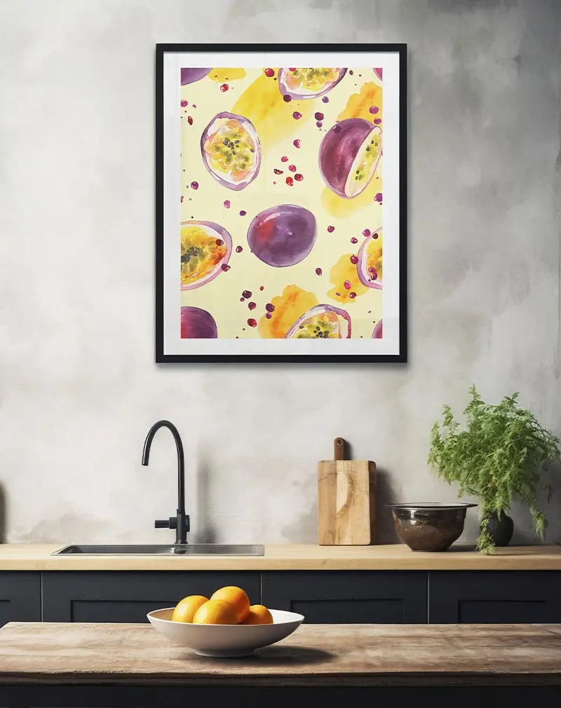 A vibrant illustration of passion fruits with splashes of yellow and purple, creating a lively and fresh design. Perfect wall art for a kitchen or dining space, adding a tropical touch to your decor