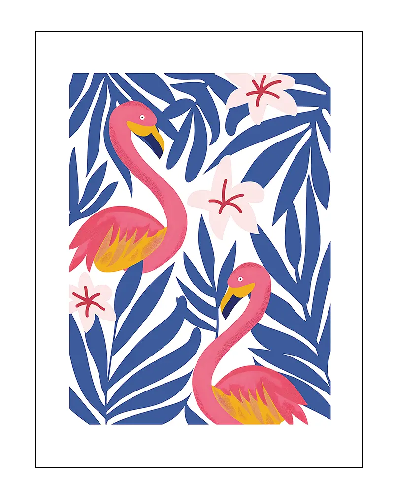 A vibrant illustration of two flamingos surrounded by tropical leaves and flowers. Perfect wall art for a lively and exotic atmosphere, ideal for brightening up any space with a tropical vibe