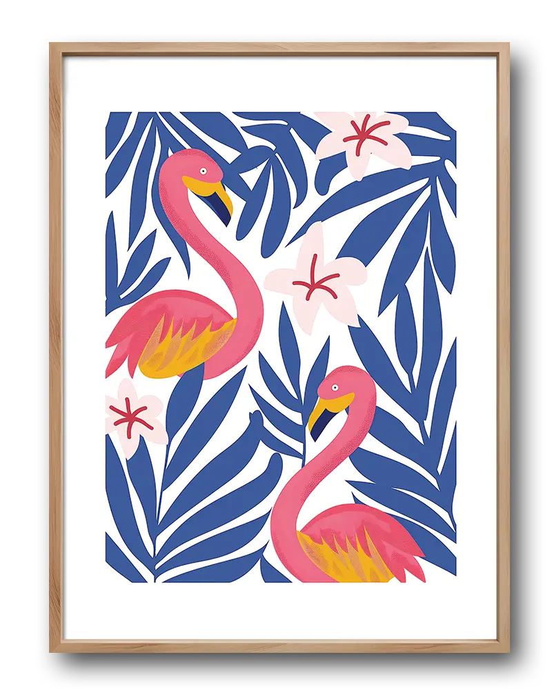 A vibrant illustration of two flamingos surrounded by tropical leaves and flowers. Perfect wall art for a lively and exotic atmosphere, ideal for brightening up any space with a tropical vibe