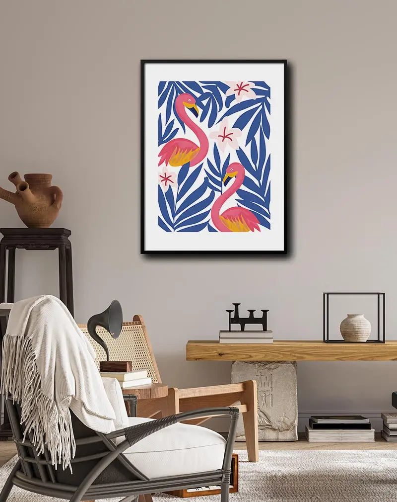 A vibrant illustration of two flamingos surrounded by tropical leaves and flowers. Perfect wall art for a lively and exotic atmosphere, ideal for brightening up any space with a tropical vibe