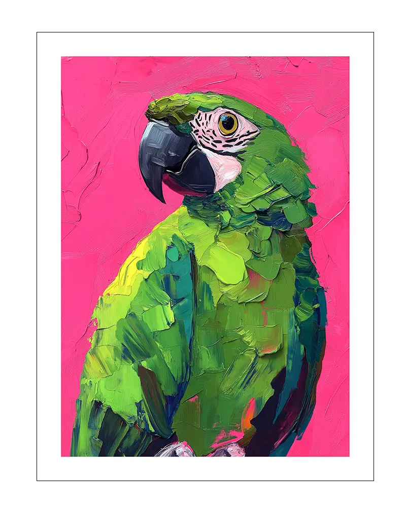 A bold and vibrant painting-style illustration of a green parrot against a bright pink background. Perfect wall art to add a tropical and artistic flair to any room, bringing energy and color to the space