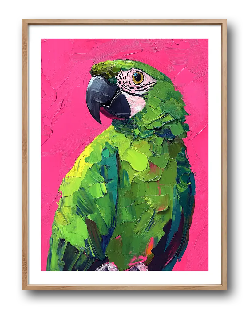 A bold and vibrant painting-style illustration of a green parrot against a bright pink background. Perfect wall art to add a tropical and artistic flair to any room, bringing energy and color to the space