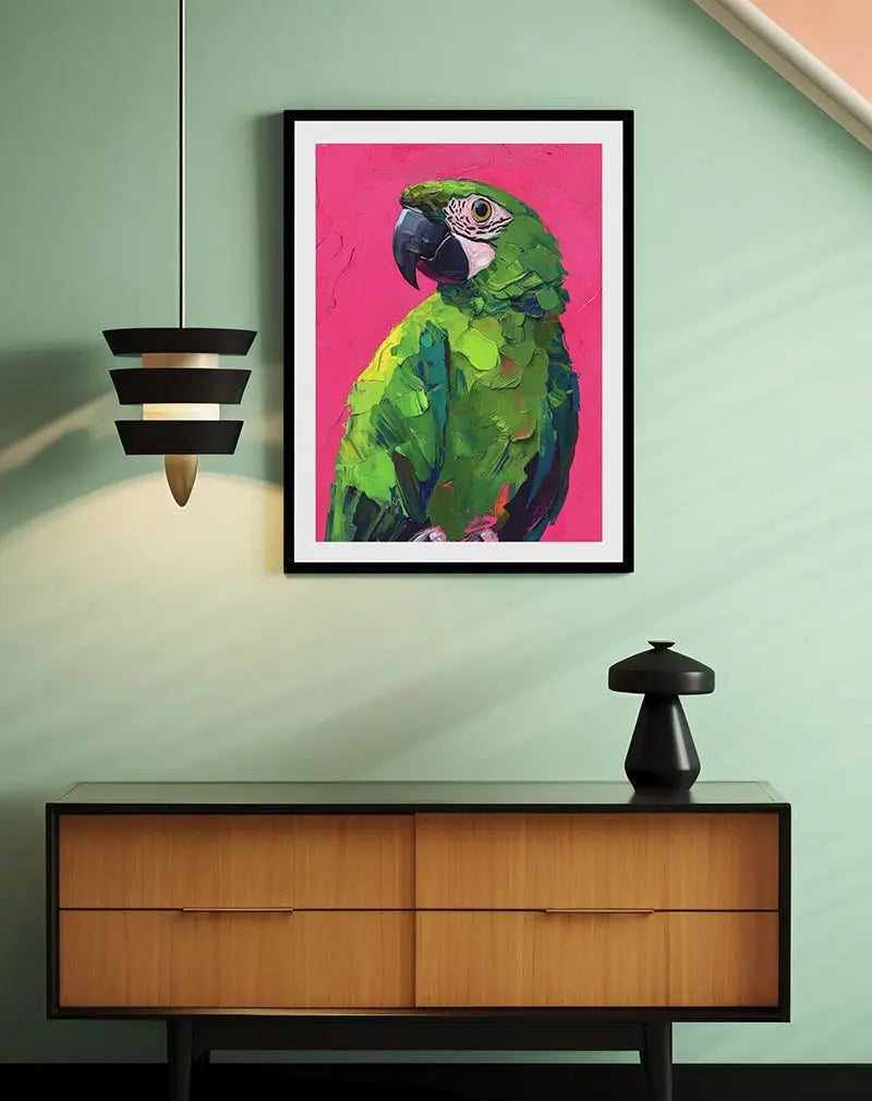 A bold and vibrant painting-style illustration of a green parrot against a bright pink background. Perfect wall art to add a tropical and artistic flair to any room, bringing energy and color to the space