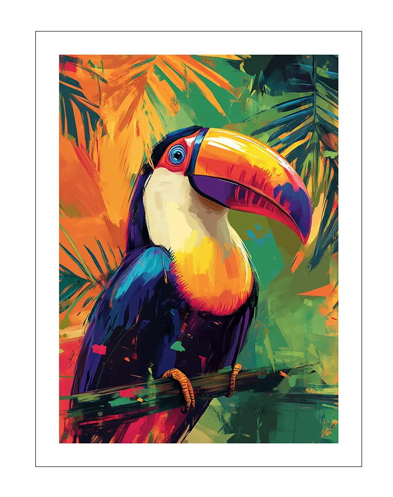 A colorful painting-style illustration of a toucan with a vivid orange beak, perched among tropical leaves. Perfect wall art for creating a lively, exotic atmosphere, adding vibrant energy to your home decor