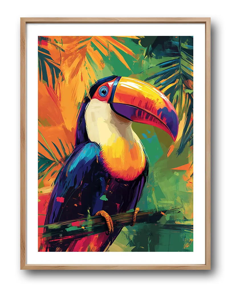 A colorful painting-style illustration of a toucan with a vivid orange beak, perched among tropical leaves. Perfect wall art for creating a lively, exotic atmosphere, adding vibrant energy to your home decor