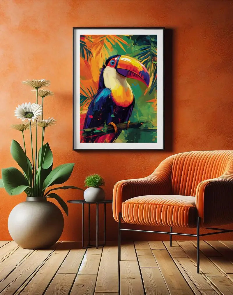 A colorful painting-style illustration of a toucan with a vivid orange beak, perched among tropical leaves. Perfect wall art for creating a lively, exotic atmosphere, adding vibrant energy to your home decor