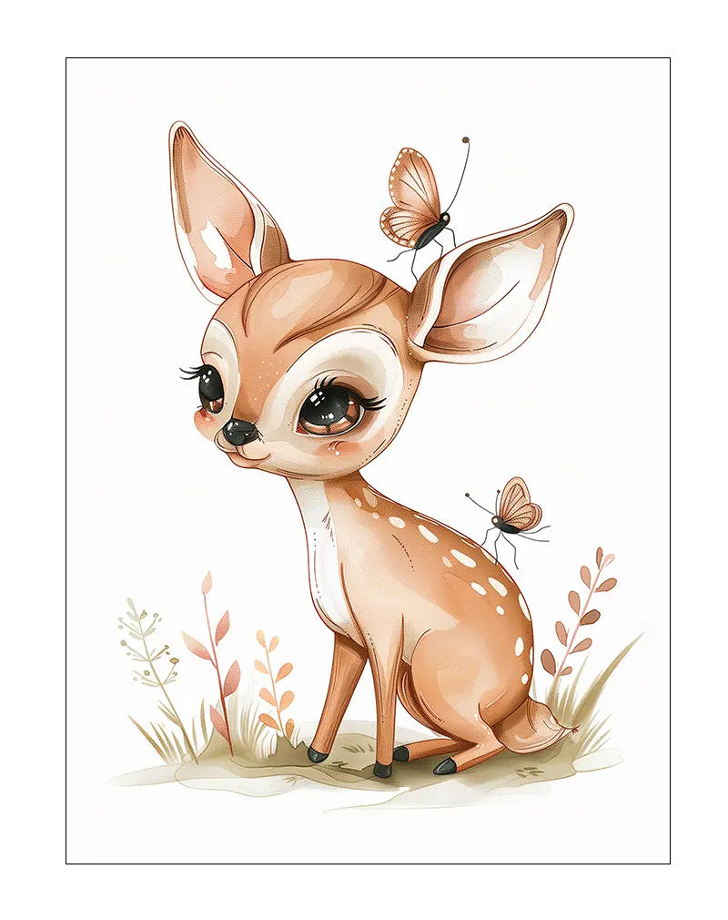 A charming illustration of a baby deer with butterflies gently resting on its head, surrounded by delicate plants. Perfect wall art for a nursery or children's room, adding a sweet and serene touch to any space