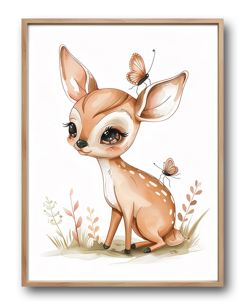 A charming illustration of a baby deer with butterflies gently resting on its head, surrounded by delicate plants. Perfect wall art for a nursery or children's room, adding a sweet and serene touch to any space