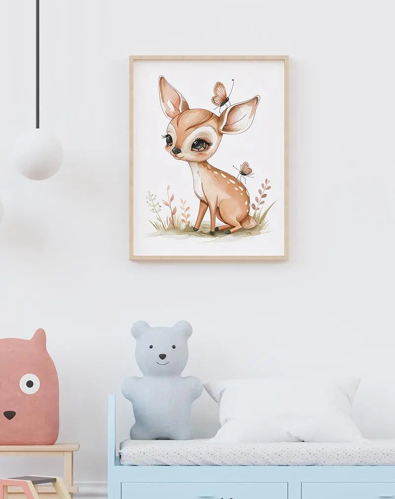 A charming illustration of a baby deer with butterflies gently resting on its head, surrounded by delicate plants. Perfect wall art for a nursery or children's room, adding a sweet and serene touch to any space