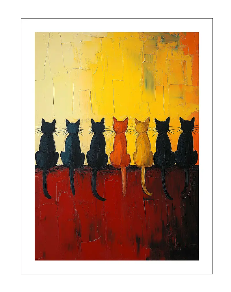 An artistic illustration of seven silhouetted cats sitting on a wall, set against a gradient sunset background in warm yellow and orange tones.