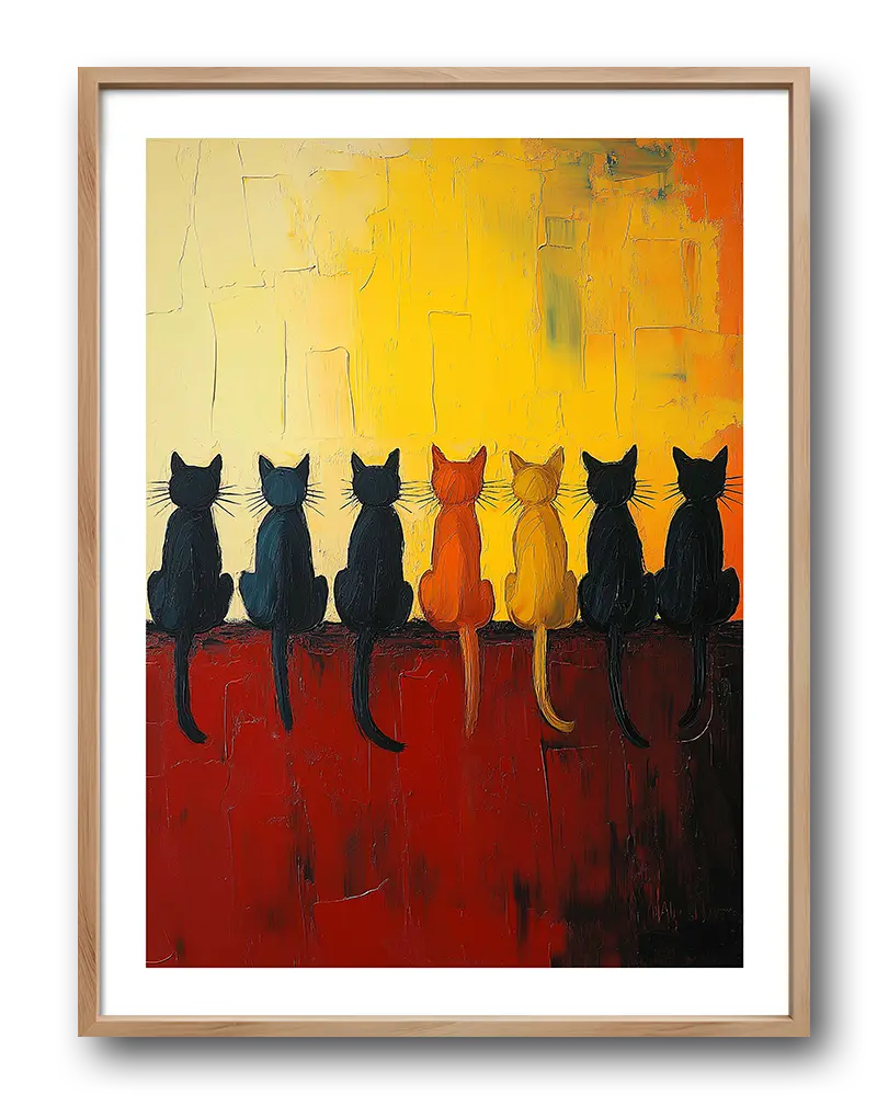 An artistic illustration of seven silhouetted cats sitting on a wall, set against a gradient sunset background in warm yellow and orange tones.