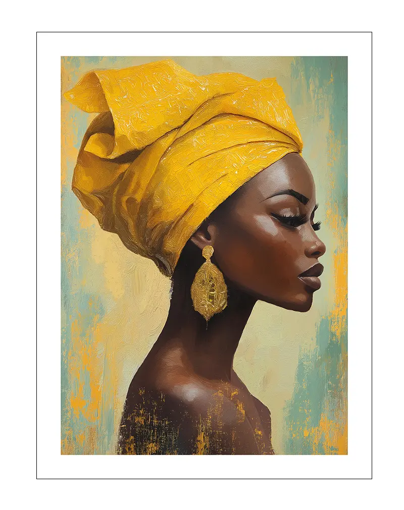 A stunning portrait of a woman wearing a yellow turban and intricate gold earrings, set against a textured background with soft yellow and teal tones.