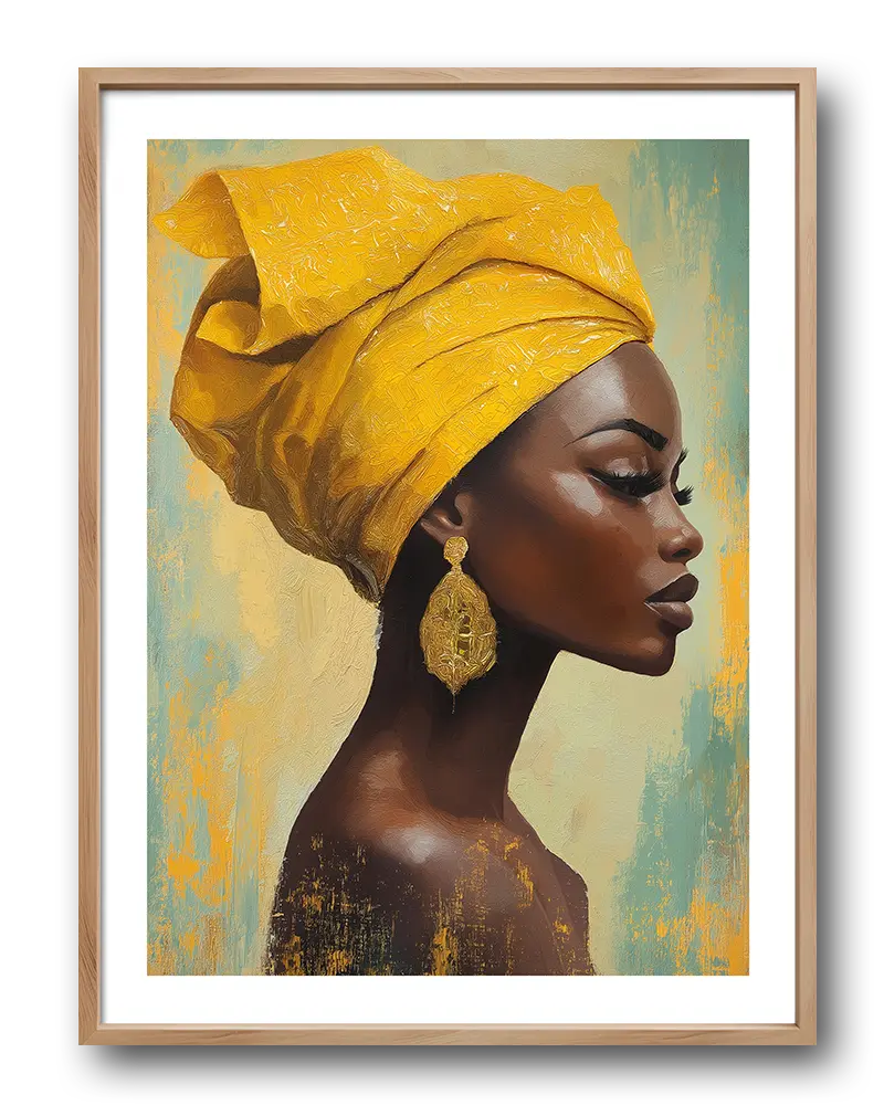 A stunning portrait of a woman wearing a yellow turban and intricate gold earrings, set against a textured background with soft yellow and teal tones.