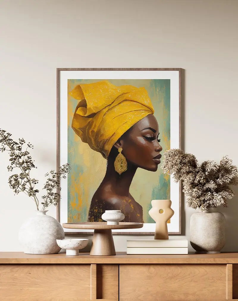 A stunning portrait of a woman wearing a yellow turban and intricate gold earrings, set against a textured background with soft yellow and teal tones.