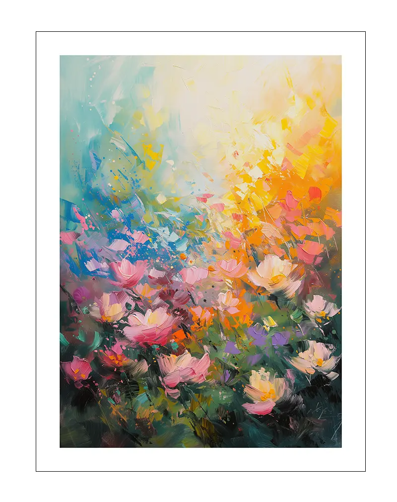 A vibrant abstract floral painting with colorful brush strokes, capturing a lively garden in bloom. Perfect wall art for brightening up any room and adding a burst of color to your space