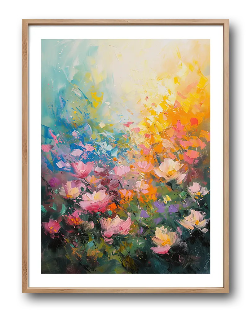 A vibrant abstract floral painting with colorful brush strokes, capturing a lively garden in bloom. Perfect wall art for brightening up any room and adding a burst of color to your space