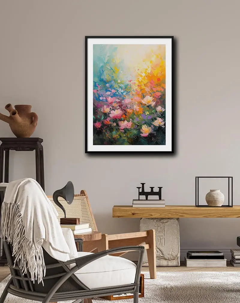 A vibrant abstract floral painting with colorful brush strokes, capturing a lively garden in bloom. Perfect wall art for brightening up any room and adding a burst of color to your space