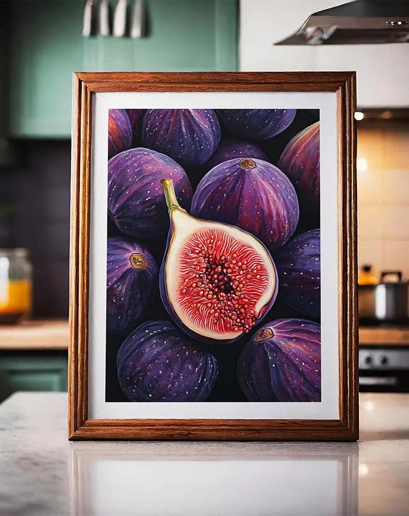 A close-up painting of figs, featuring a vibrant halved fig showcasing its red seeds surrounded by whole purple figs. Perfect wall art for kitchen or dining areas, bringing a fresh and organic touch to the space