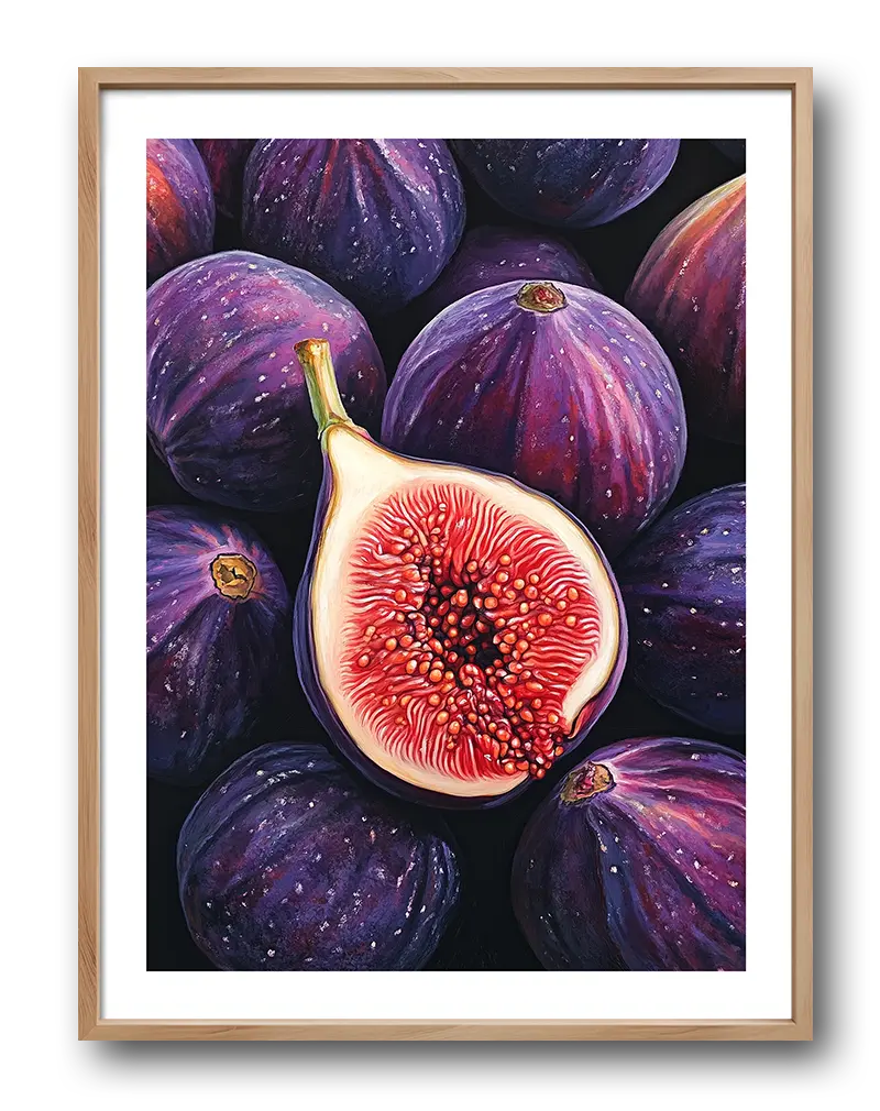 A close-up painting of figs, featuring a vibrant halved fig showcasing its red seeds surrounded by whole purple figs. Perfect wall art for kitchen or dining areas, bringing a fresh and organic touch to the space