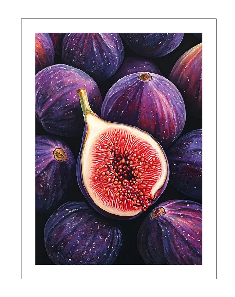 A close-up painting of figs, featuring a vibrant halved fig showcasing its red seeds surrounded by whole purple figs. Perfect wall art for kitchen or dining areas, bringing a fresh and organic touch to the space