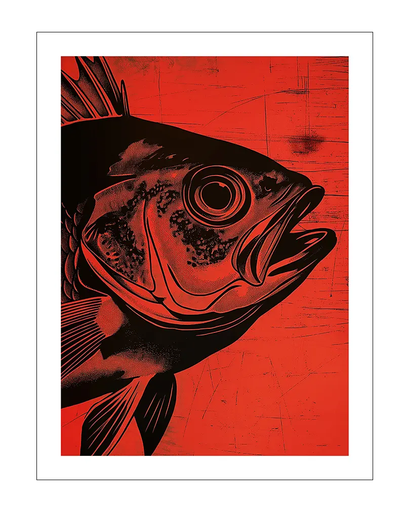 A striking fish illustration in black on a vibrant red background, showcasing intricate details. Perfect wall art for lovers of marine life, adding a bold and unique touch to any interior space