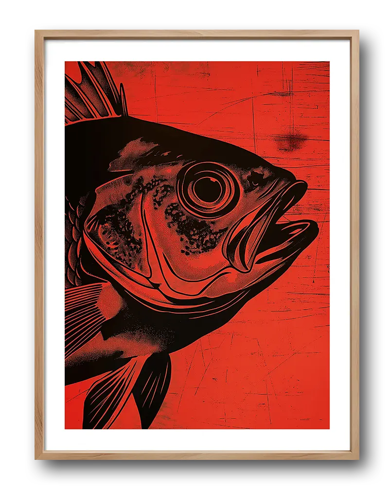 A striking fish illustration in black on a vibrant red background, showcasing intricate details. Perfect wall art for lovers of marine life, adding a bold and unique touch to any interior space