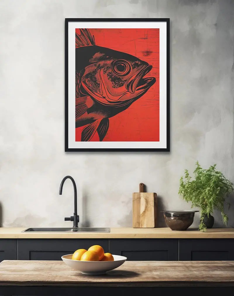 A striking fish illustration in black on a vibrant red background, showcasing intricate details. Perfect wall art for lovers of marine life, adding a bold and unique touch to any interior space