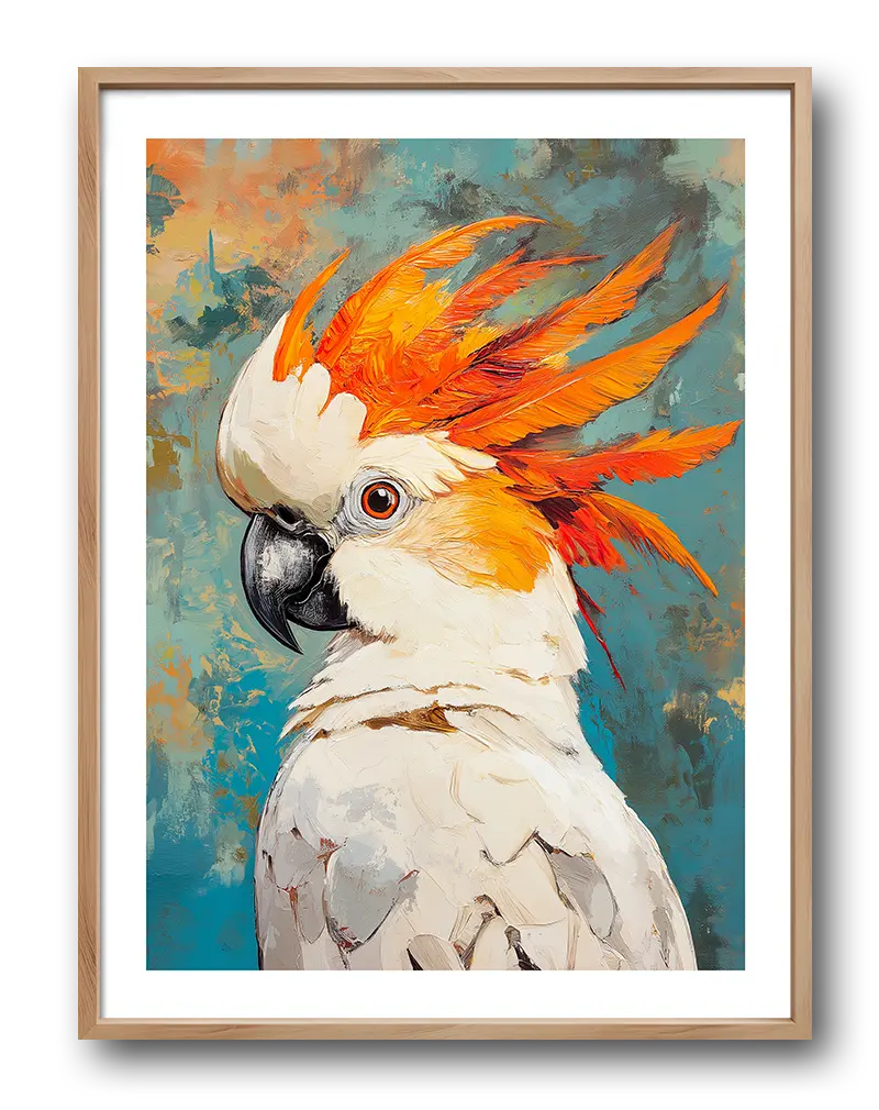 An artistic illustration of a parrot with a vivid orange crest on a textured teal background. Perfect wall art to bring a tropical and vibrant feel to any living space. This colorful illustration adds a lively touch to your decor