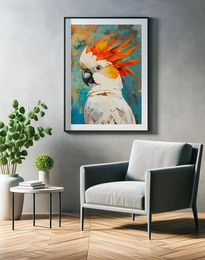 An artistic illustration of a parrot with a vivid orange crest on a textured teal background. Perfect wall art to bring a tropical and vibrant feel to any living space. This colorful illustration adds a lively touch to your decor