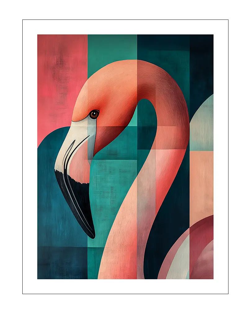 A geometric illustration of a flamingo in shades of pink, teal, and orange, with bold lines and patterns. Perfect wall art for adding a modern and stylish touch to your decor.