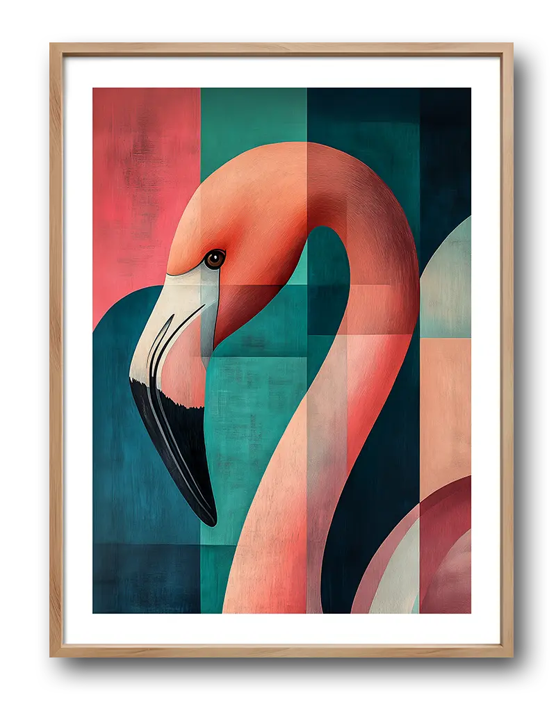 A geometric illustration of a flamingo in shades of pink, teal, and orange, with bold lines and patterns. Perfect wall art for adding a modern and stylish touch to your decor.