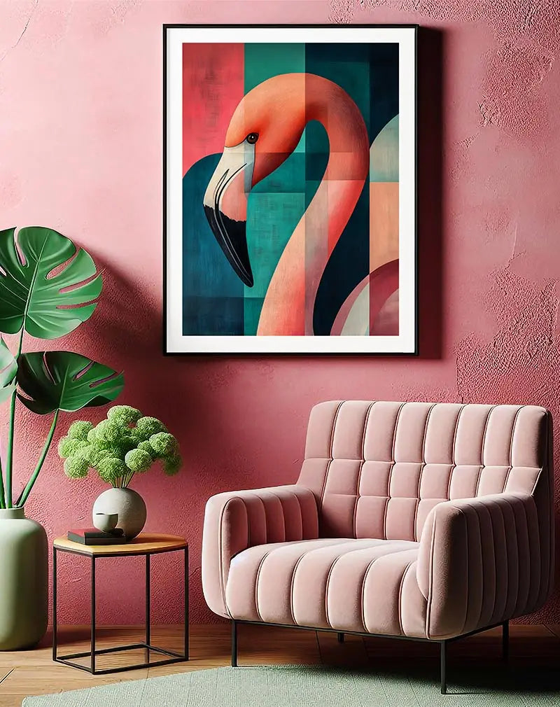 A geometric illustration of a flamingo in shades of pink, teal, and orange, with bold lines and patterns. Perfect wall art for adding a modern and stylish touch to your decor.