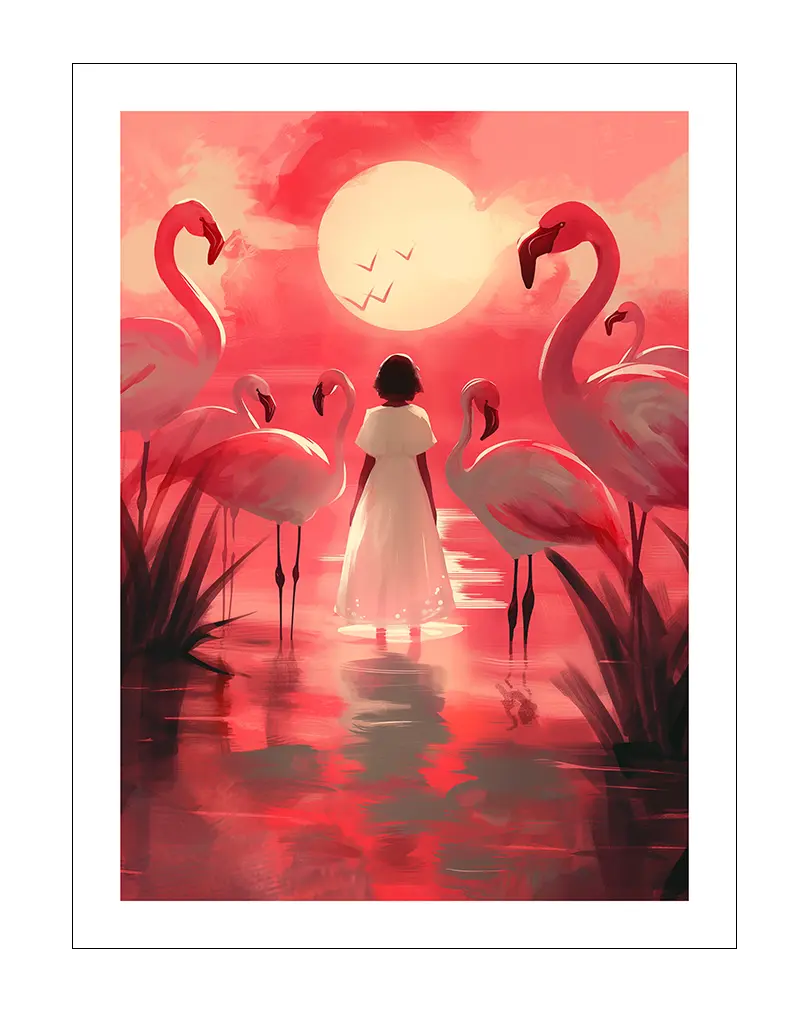 A beautiful illustration of a girl standing among flamingos at sunset, with a large glowing sun in the background. The serene scene captures a sense of tranquility and wonder, making it a perfect piece of wall art for creating a calm and peaceful atmosphere in any room