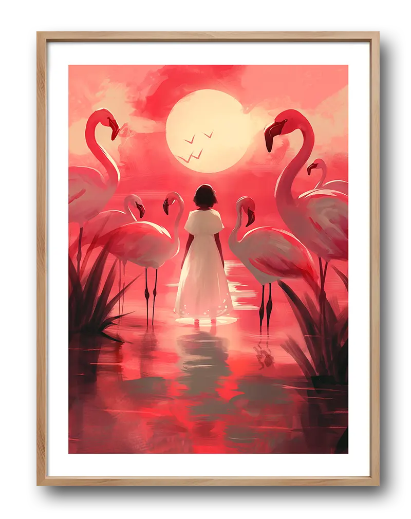 A beautiful illustration of a girl standing among flamingos at sunset, with a large glowing sun in the background. The serene scene captures a sense of tranquility and wonder, making it a perfect piece of wall art for creating a calm and peaceful atmosphere in any room