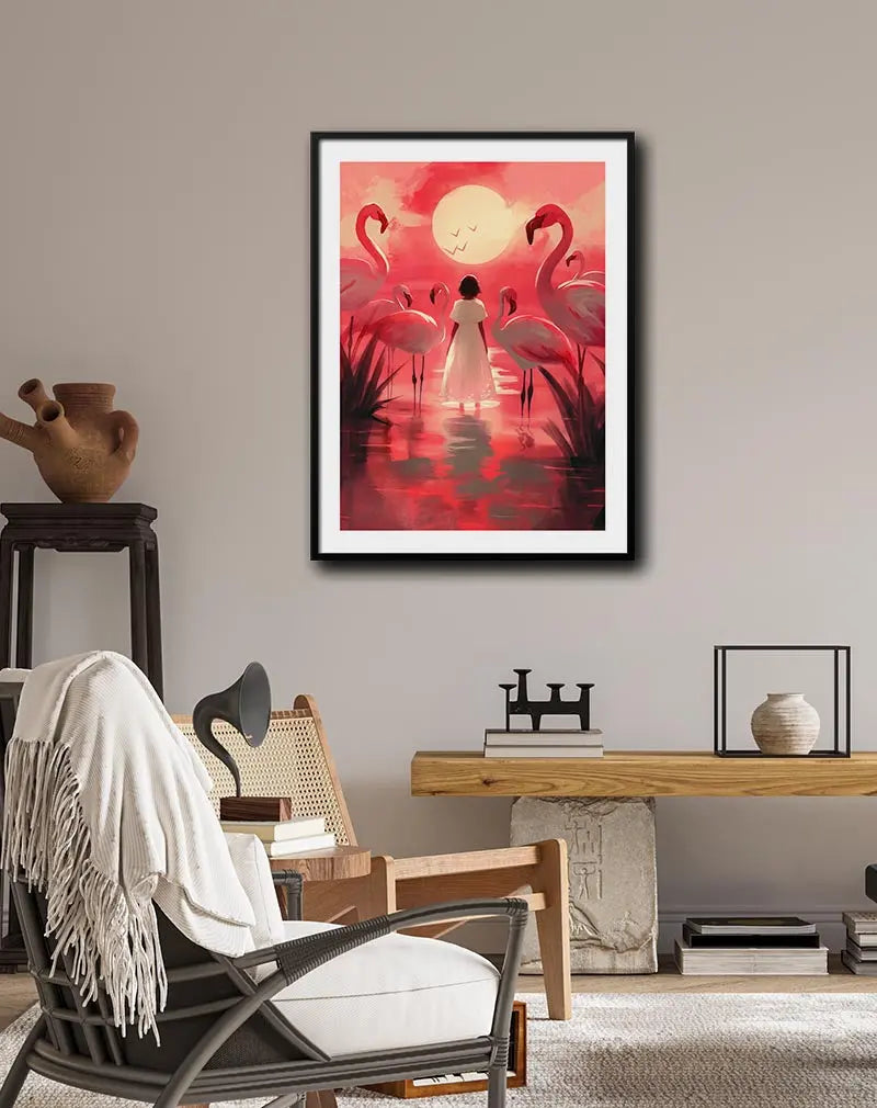 A beautiful illustration of a girl standing among flamingos at sunset, with a large glowing sun in the background. The serene scene captures a sense of tranquility and wonder, making it a perfect piece of wall art for creating a calm and peaceful atmosphere in any room