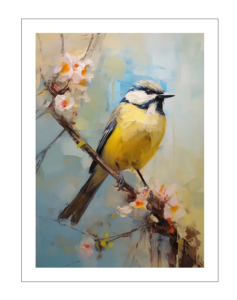 A delicate illustration of a yellow bird perched on a blossoming branch. The soft brushstrokes and vibrant colors bring life to this nature-inspired wall art. Perfect for adding a peaceful and natural touch to any living space