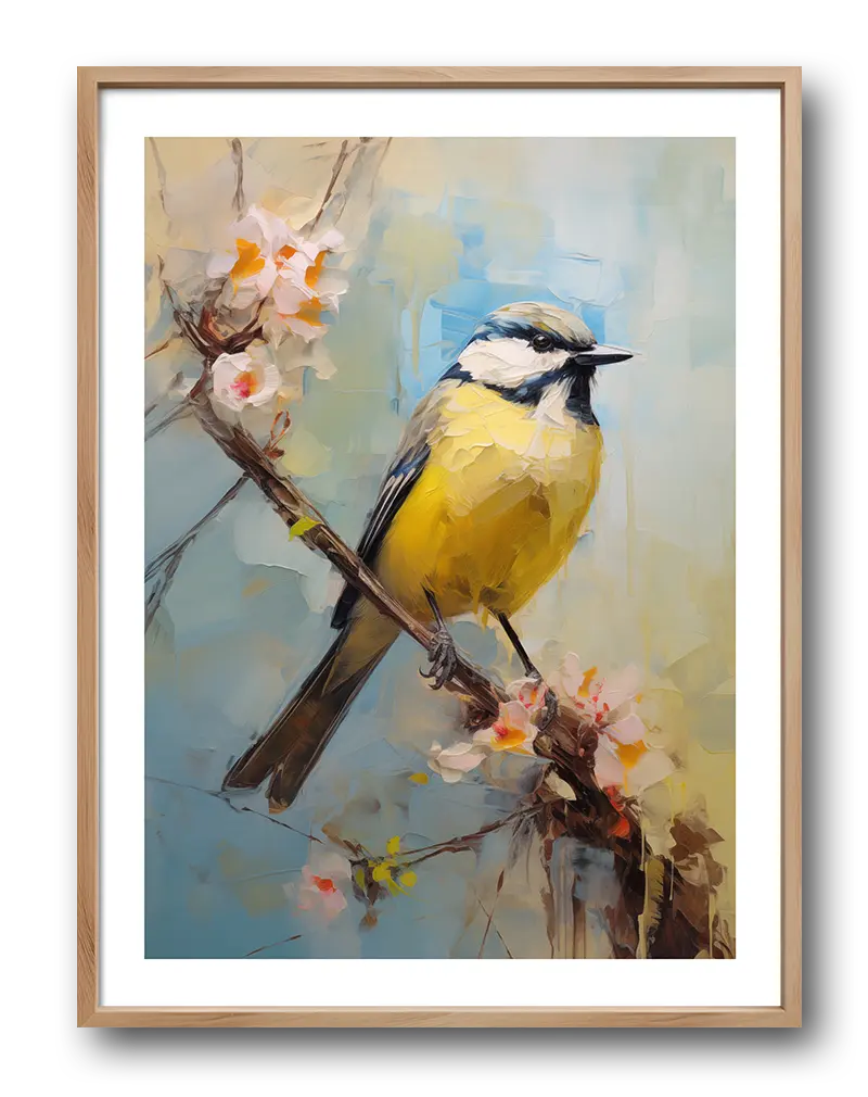 A delicate illustration of a yellow bird perched on a blossoming branch. The soft brushstrokes and vibrant colors bring life to this nature-inspired wall art. Perfect for adding a peaceful and natural touch to any living space