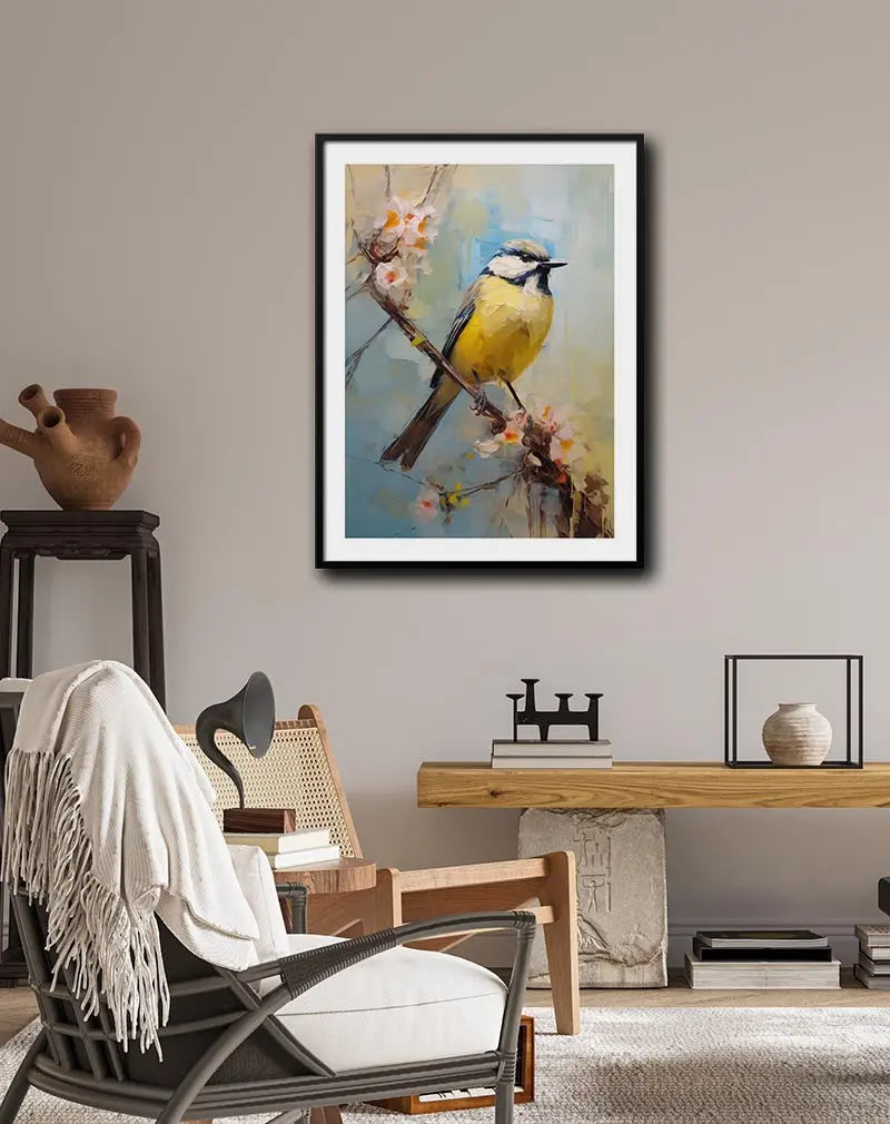 A delicate illustration of a yellow bird perched on a blossoming branch. The soft brushstrokes and vibrant colors bring life to this nature-inspired wall art. Perfect for adding a peaceful and natural touch to any living space