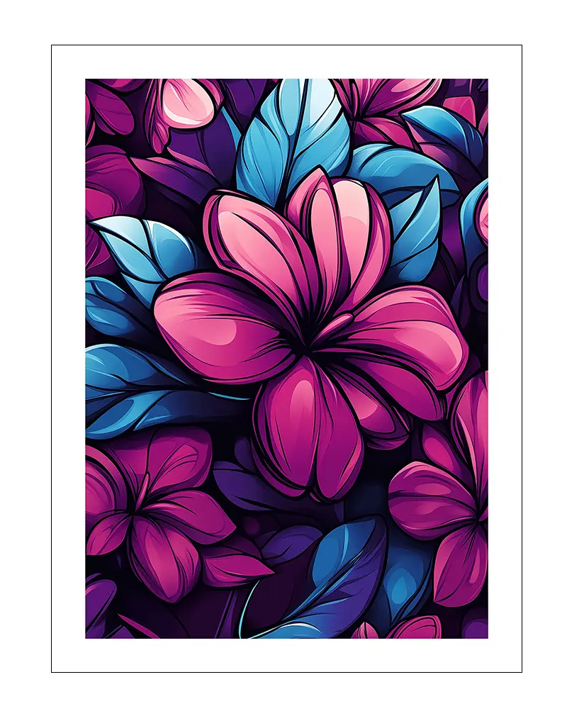 A vibrant illustration featuring large pink and blue flowers with bold outlines set against a dark background. The bright contrast between the colors makes the design pop, creating a dynamic and lively wall art. Perfect poster for bringing a splash of color and energy to any room