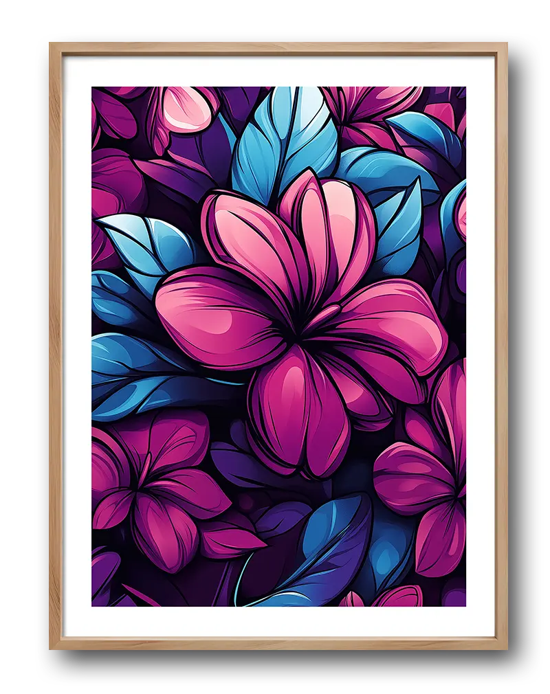 A vibrant illustration featuring large pink and blue flowers with bold outlines set against a dark background. The bright contrast between the colors makes the design pop, creating a dynamic and lively wall art. Perfect poster for bringing a splash of color and energy to any room