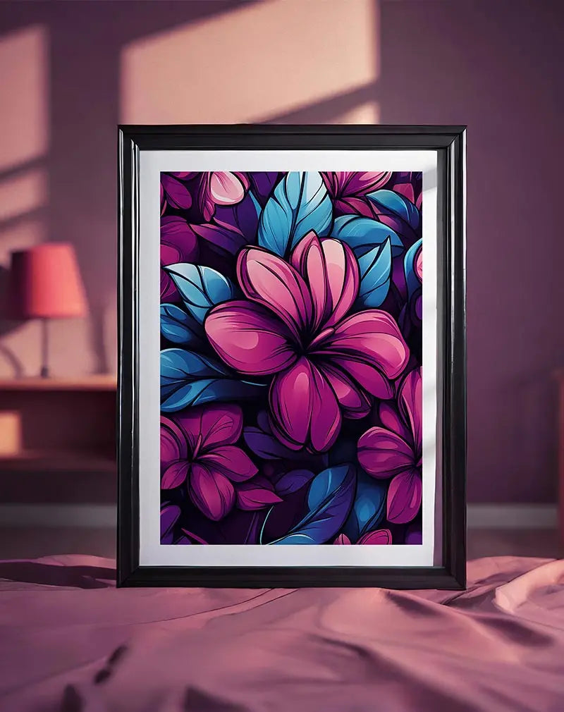 A vibrant illustration featuring large pink and blue flowers with bold outlines set against a dark background. The bright contrast between the colors makes the design pop, creating a dynamic and lively wall art. Perfect poster for bringing a splash of color and energy to any room