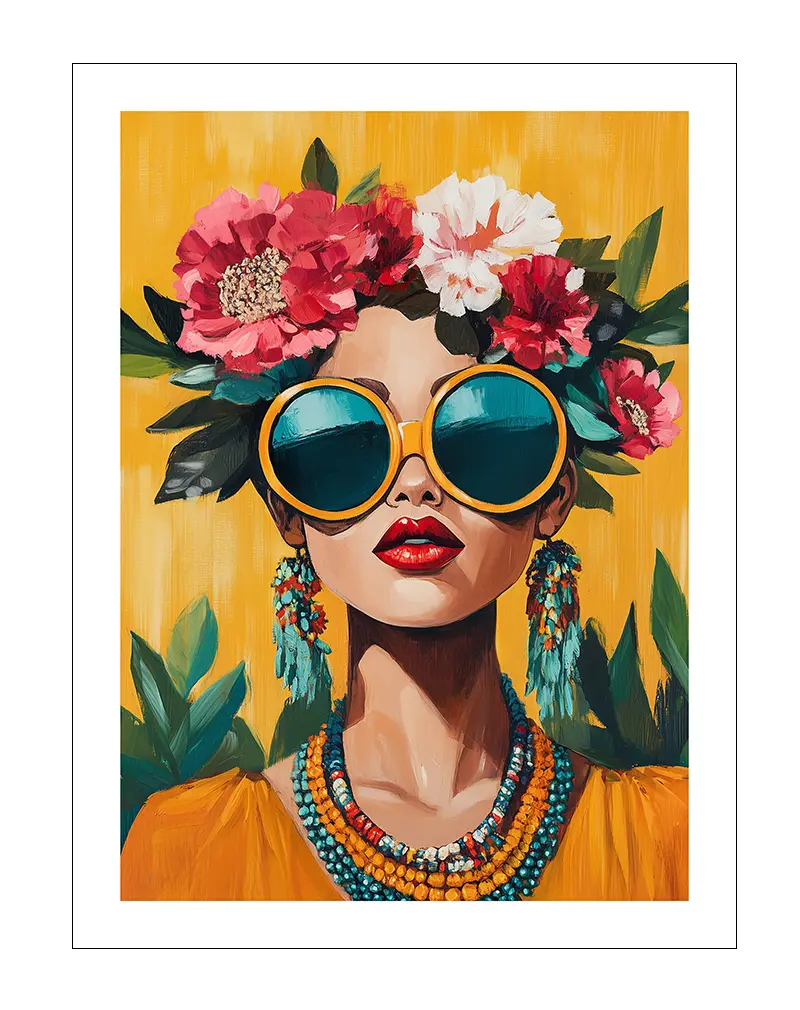 A vibrant portrait of a woman with oversized sunglasses, adorned with colorful flowers in her hair and bold jewelry. Perfect wall art for adding a lively, tropical vibe to your living room or fashion-themed spaces