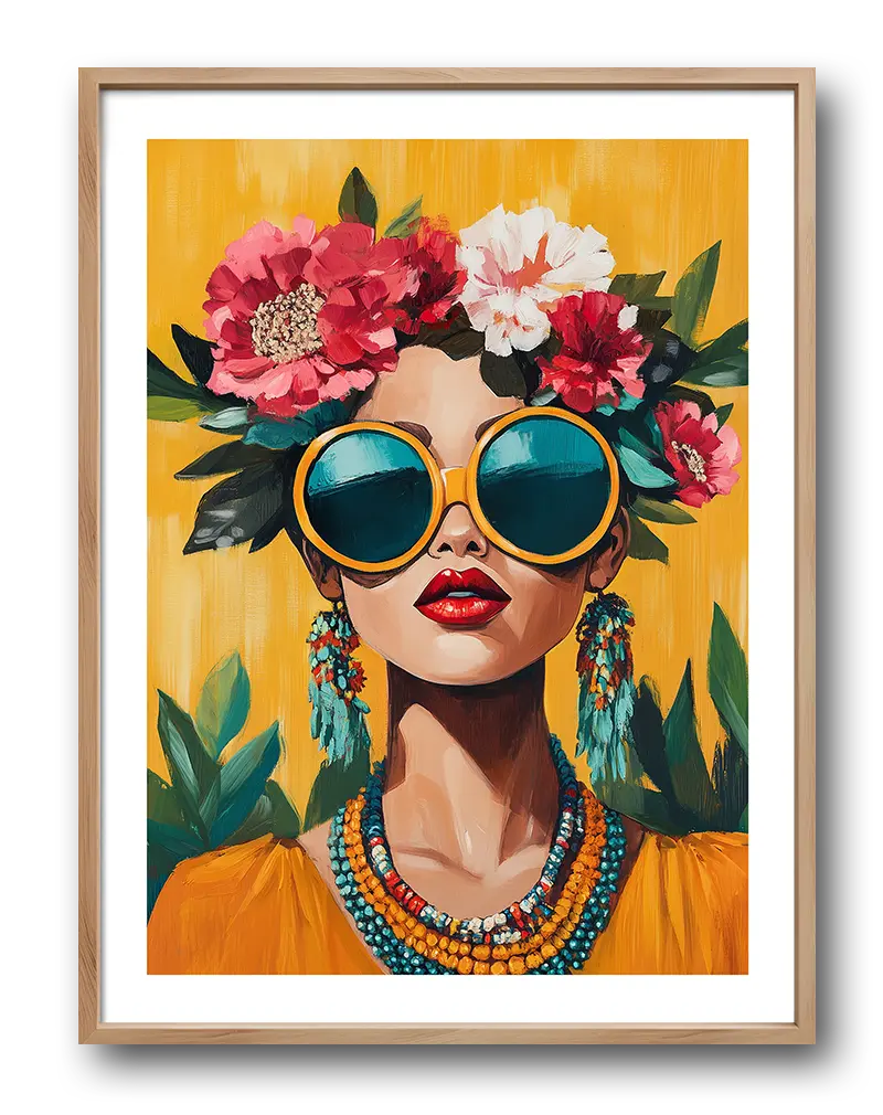 A vibrant portrait of a woman with oversized sunglasses, adorned with colorful flowers in her hair and bold jewelry. Perfect wall art for adding a lively, tropical vibe to your living room or fashion-themed spaces