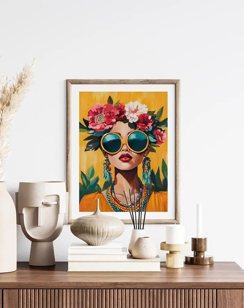 A vibrant portrait of a woman with oversized sunglasses, adorned with colorful flowers in her hair and bold jewelry. Perfect wall art for adding a lively, tropical vibe to your living room or fashion-themed spaces