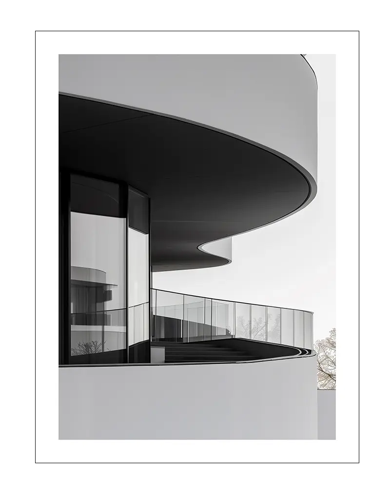 A minimalist illustration of modern architecture with sleek curves and glass railings. The design emphasizes clean lines and a monochromatic palette, making it a sophisticated piece of wall art. Perfect for contemporary interiors seeking an architectural touch