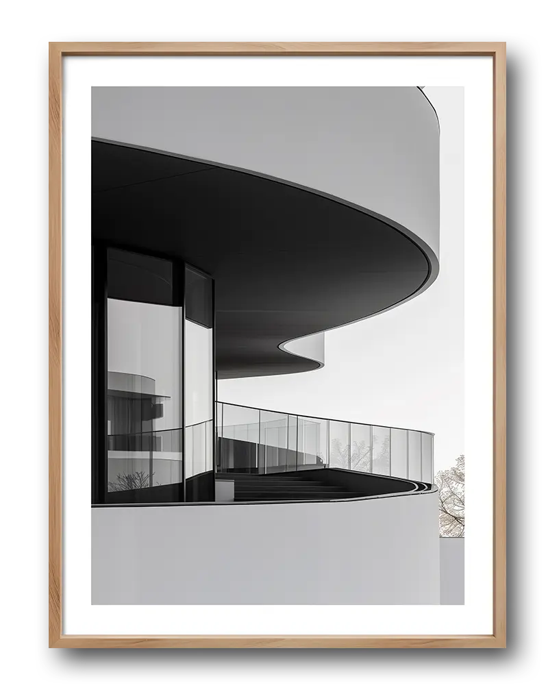 A minimalist illustration of modern architecture with sleek curves and glass railings. The design emphasizes clean lines and a monochromatic palette, making it a sophisticated piece of wall art. Perfect for contemporary interiors seeking an architectural touch