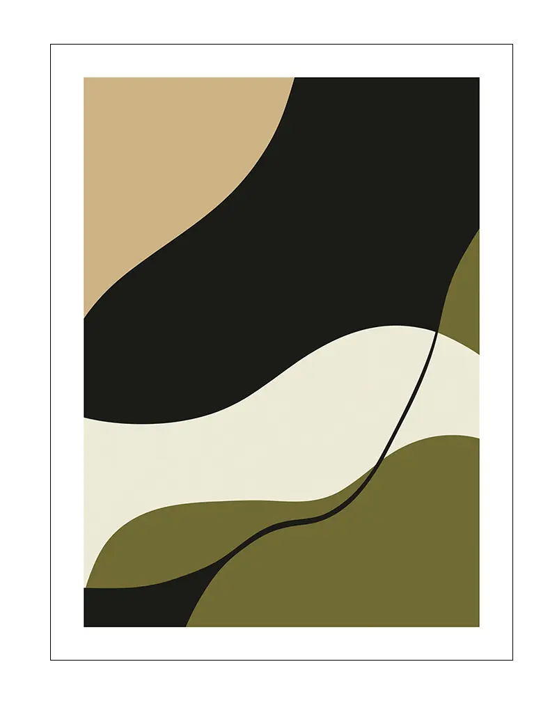 An abstract geometric illustration with fluid curves in earthy tones of beige, black, and green. The design creates a sense of movement and balance, making it an ideal piece of wall art for modern interiors. Perfect for adding a touch of sophistication and style