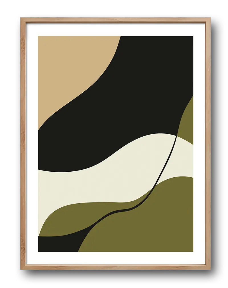 An abstract geometric illustration with fluid curves in earthy tones of beige, black, and green. The design creates a sense of movement and balance, making it an ideal piece of wall art for modern interiors. Perfect for adding a touch of sophistication and style